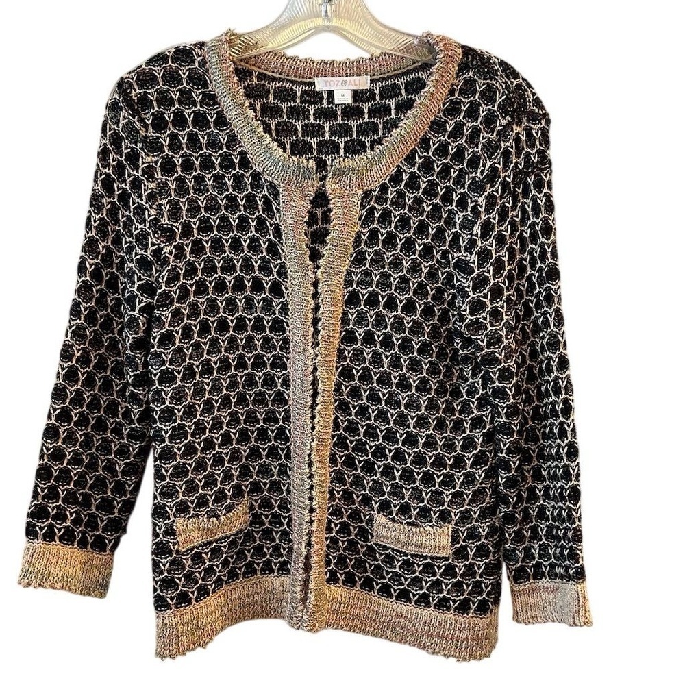 Roz & Ali Women's M Open Front Cardigan with Metallic Threading